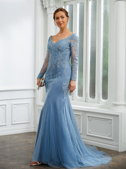 Sheath/Column Tulle Applique V-neck Long Sleeves Sweep/Brush Train Mother of the Bride Dresses