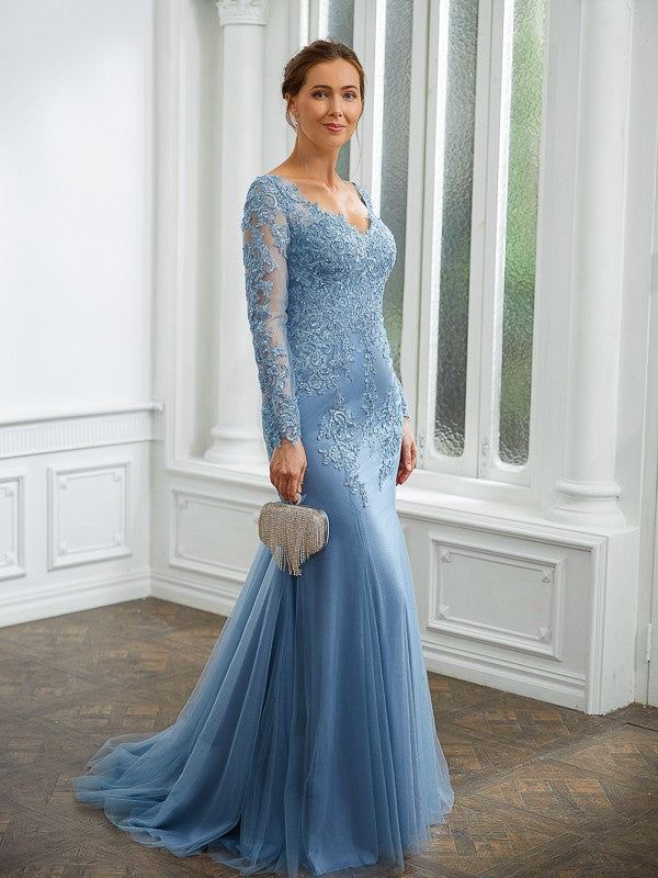 Sheath/Column Tulle Applique V-neck Long Sleeves Sweep/Brush Train Mother of the Bride Dresses