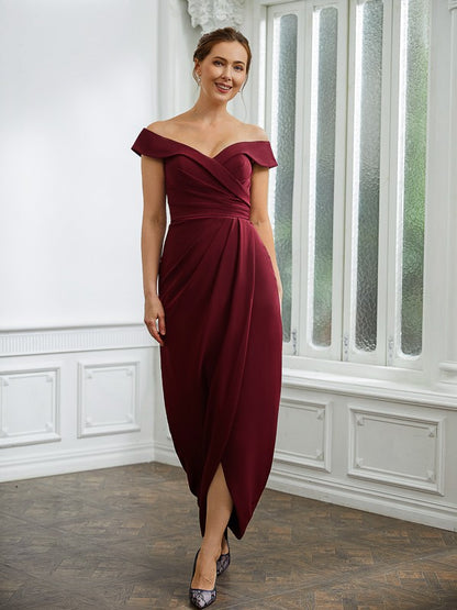 Mother of the Bride Dresses Sheath Column Stretch Ruched Off-the-Shoulder Sleeveless Floor Length