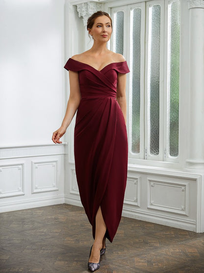 Mother of the Bride Dresses Sheath Column Stretch Ruched Off-the-Shoulder Sleeveless Floor Length