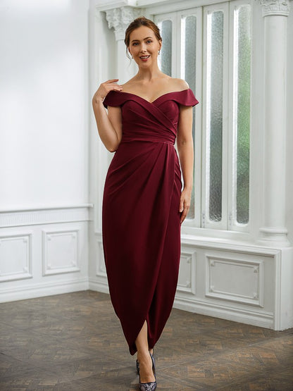 Mother of the Bride Dresses Sheath Column Stretch Ruched Off-the-Shoulder Sleeveless Floor Length