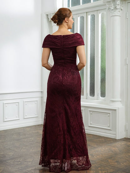 Mother of the Bride Dresses Sheath Column Lace Ruched V-neck Short Sleeves Floor-Length