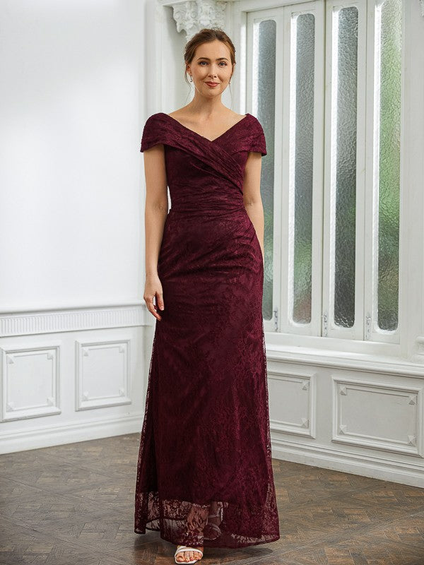 Mother of the Bride Dresses Sheath Column Lace Ruched V-neck Short Sleeves Floor-Length