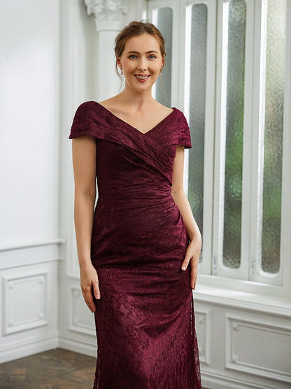 Mother of the Bride Dresses Sheath Column Lace Ruched V-neck Short Sleeves Floor-Length