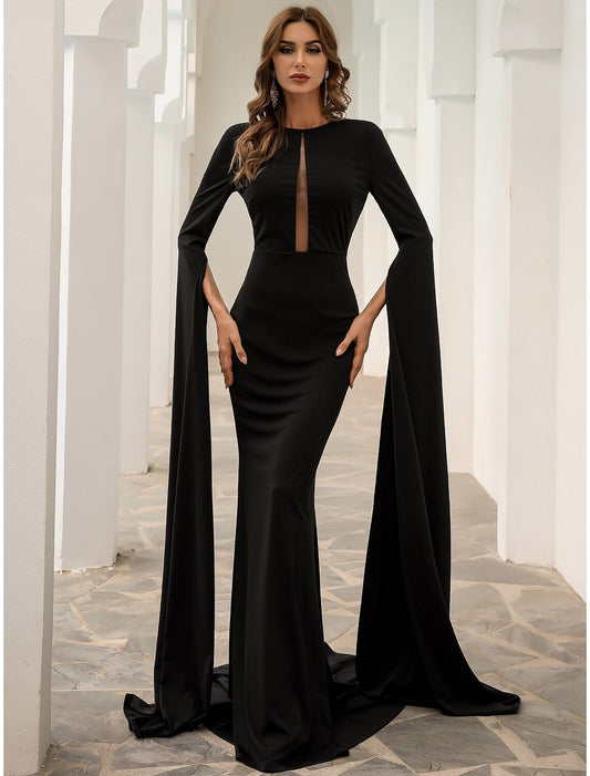 Mermaid / Trumpet Evening Gown Elegant Dress Formal Fall Court Train Long Sleeve Jewel Neck Stretch Fabric with Pleats