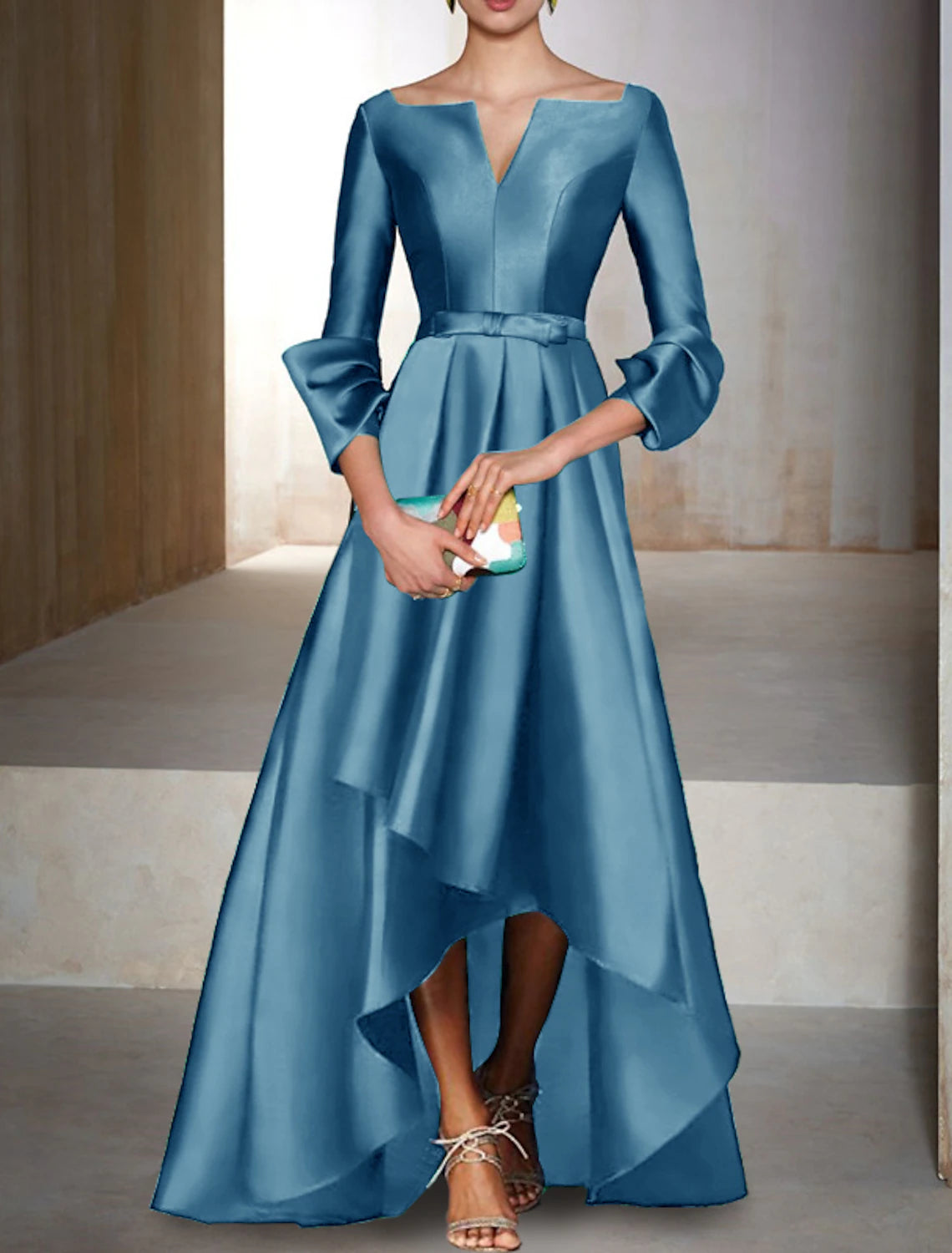 A-Line Evening Gown Elegant Dress Formal Wedding Guest Floor Length 3/4 Length Sleeve V Neck Satin with Bow(s)