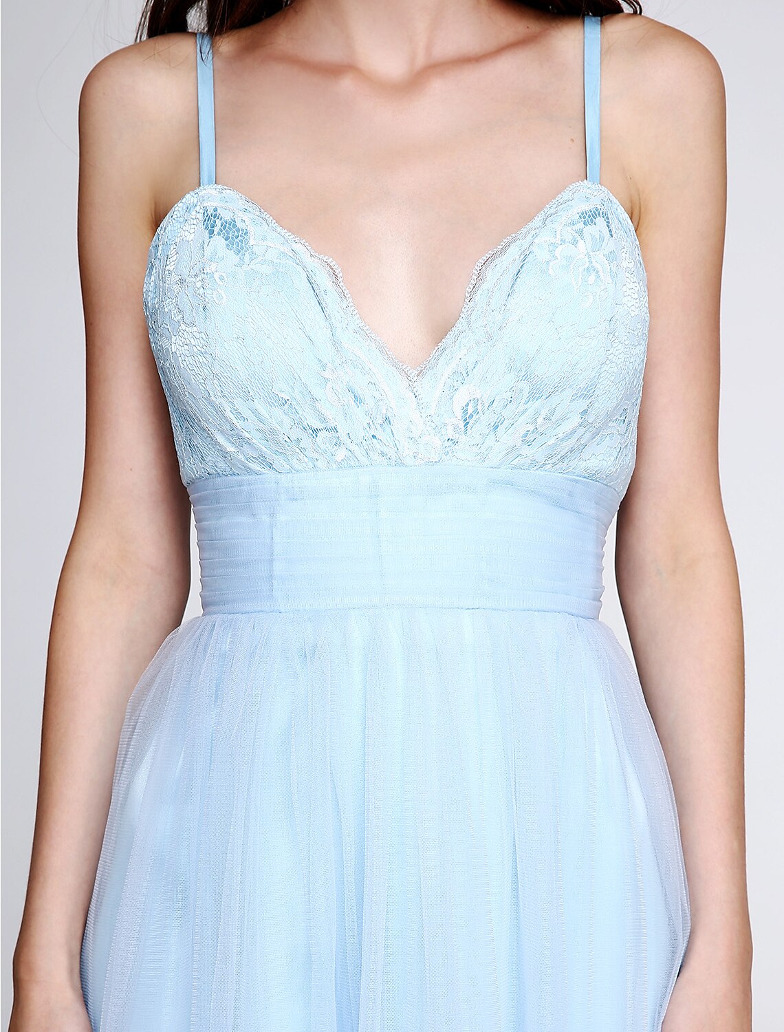 A-Line Spaghetti Strap Tea Length Lace / Tulle Bridesmaid Dress with Lace