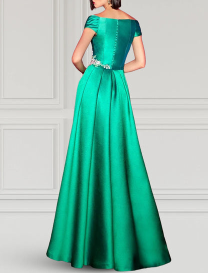 A-Line Evening Gown Party Dress Elegant Dress Formal Fall Floor Length Short Sleeve V Neck Satin with Slit Appliques