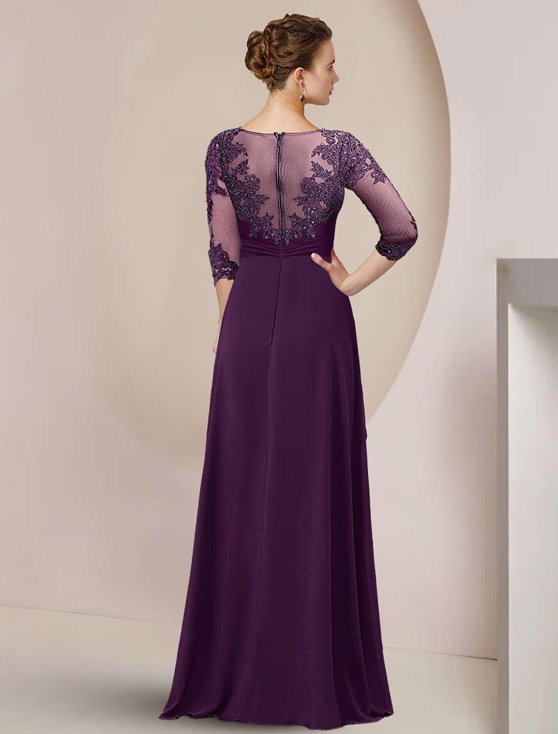 A-Line Mother of the Bride Dress Formal Wedding Guest Elegant High Low Scoop Neck Asymmetrical Floor Length Chiffon Lace 3/4 Length Sleeve with Beading Sequin Appliques