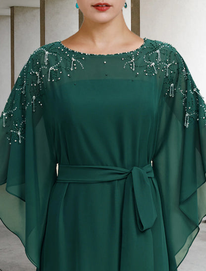 A-Line Mother of the Bride Dress Luxurious Elegant Jewel Neck Floor Length Chiffon Half Sleeve with Sash / Ribbon Beading