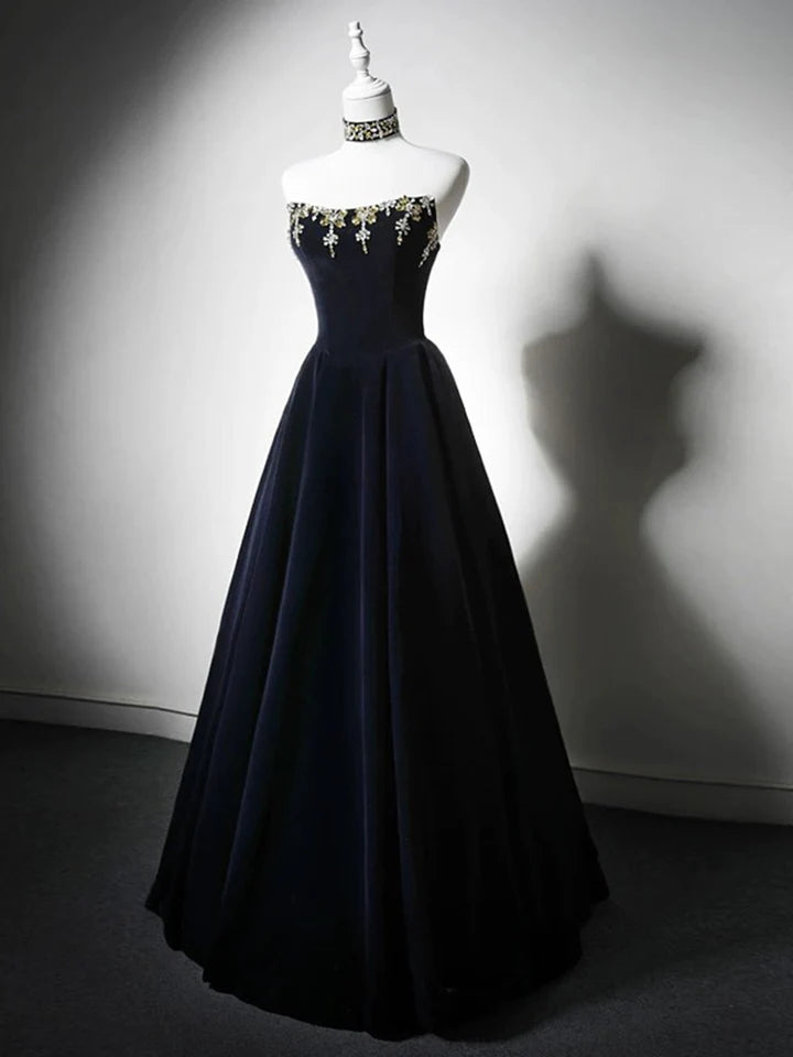 A-Line Prom Dress Fashion Simple Autumn Winter Velvet Dark Blue Bead string Long Temperament Dress