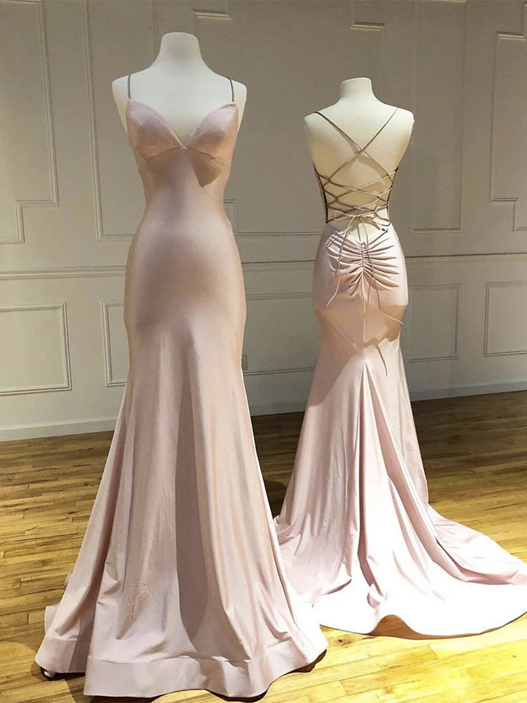 Fashion Simple V Neck Satin Long Backless Prom Dress Spaghetti Strap Satin Long Formal Temperament Party dress