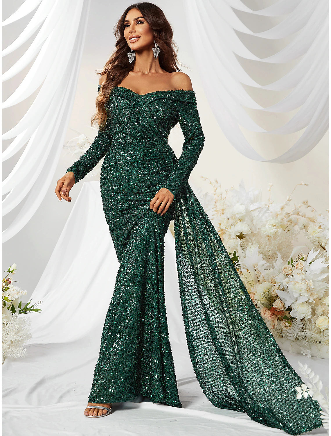 Mermaid / Trumpet Evening Gown Sparkle & Shine Dress Formal Cocktail Party Sweep / Brush Train Long Sleeve Off Shoulder Polyester with Sequin