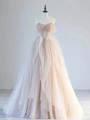 A-Line Evening Dress Off Shoulder Tulle Lace Long Formal Elegant Bead string Fantastic Dress