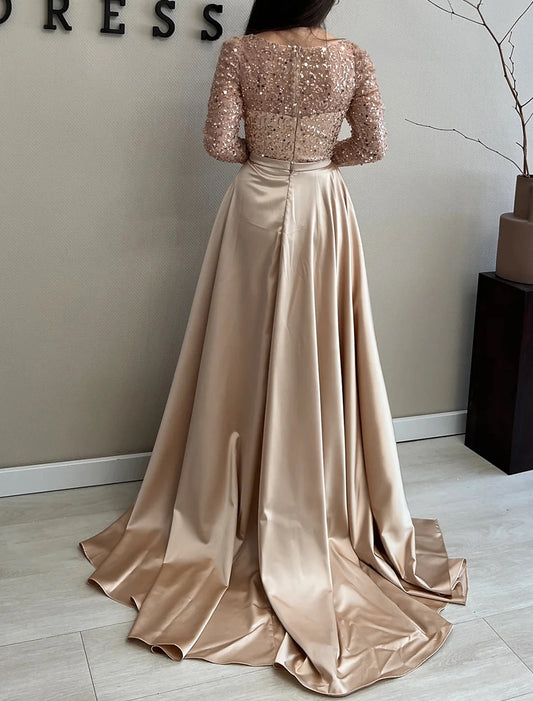 A-Line Evening Gown Sparkle Dress Wedding Black Tie Floor Length Long Sleeve Jewel Neck Satin with Sequin