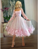 Ball Gown A-Line Homecoming Dresses Floral Dress Cocktail Party Tea Length Long Sleeve Off Shoulder Tulle Ladder Back with Butterfly