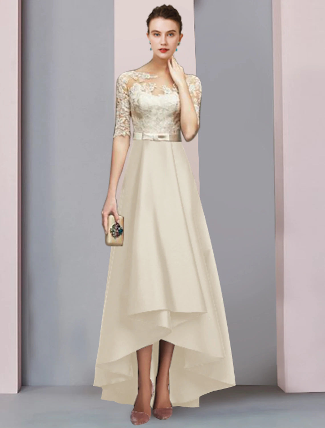 A-Line Mother of the Bride Dress Formal Wedding Guest Elegant High Low Scoop Neck Asymmetrical Tea Length Satin Lace Half Sleeve with Bow(s) Appliques