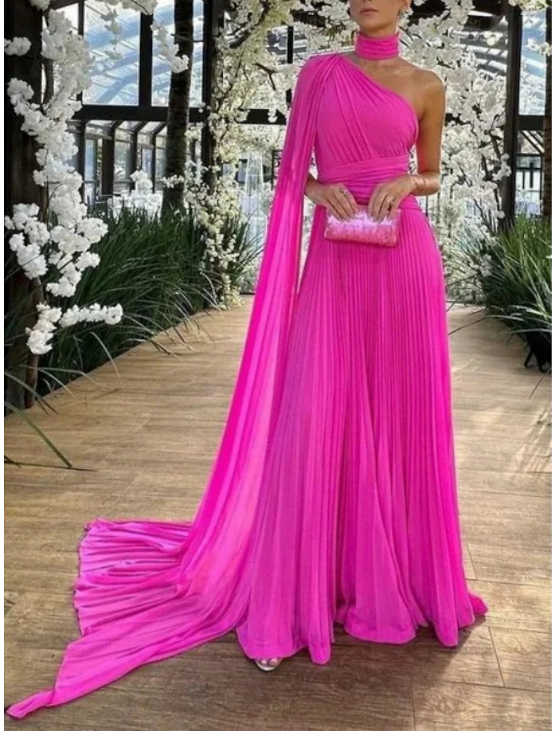 A-Line Evening Gown Elegant Dress Formal Sweep / Brush Train Sleeveless One Shoulder Chiffon with Pleats Ruched