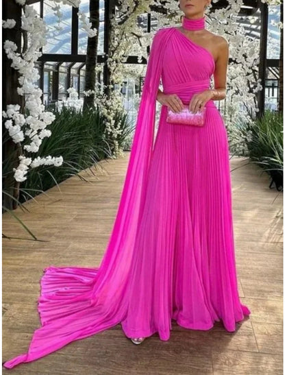 A-Line Evening Gown Elegant Dress Formal Sweep / Brush Train Sleeveless One Shoulder Chiffon with Pleats Ruched