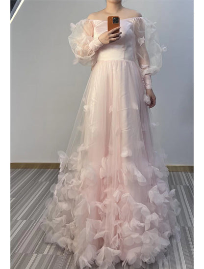 A-Line Prom Dresses Maxi Dress Wedding Guest Sweet 16 Floor Length Long Sleeve Scoop Neck Tulle with Appliques Butterfly