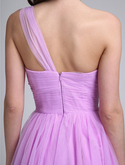 A-Line Bridesmaid Dress One Shoulder Sleeveless Knee Length Tulle with Ruched / Side Draping