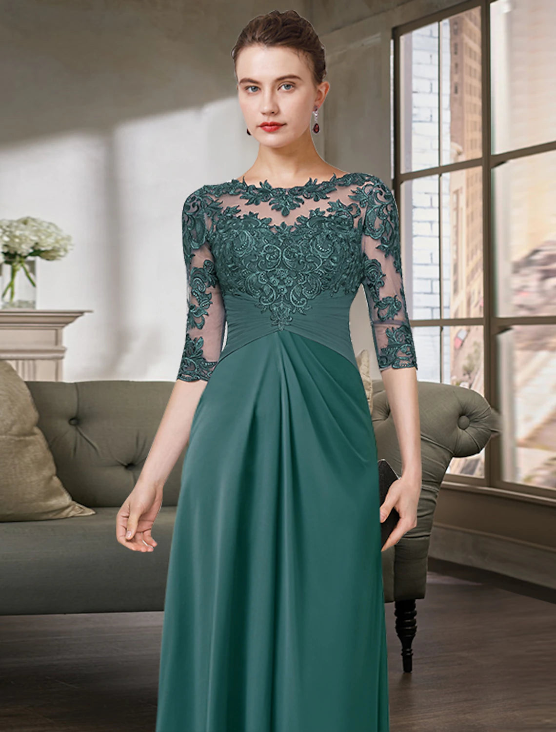 Sheath / Column Mother of the Bride Dress Simple Elegant Jewel Neck Floor Length Chiffon Lace Half Sleeve with Pleats Solid Color