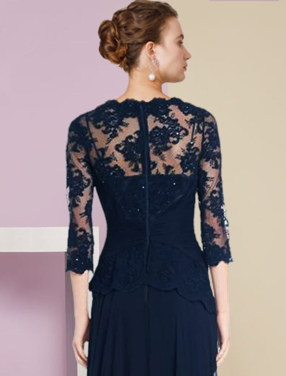 A-Line Mother of the Bride Dress Formal Wedding Guest Elegant Scoop Neck Floor Length Chiffon Lace Half Sleeve with Pleats Appliques Crystal Brooch