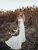 Beach Boho Wedding Dresses Mermaid / Trumpet Off Shoulder Cap Sleeve Chapel Train Lace Bridal Gowns With Appliques Solid Color