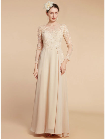 A-Line Mother of the Bride Dress Wedding Guest Elegant Jewel Neck Ankle Length Chiffon Lace Long Sleeve with Ruching Solid Color