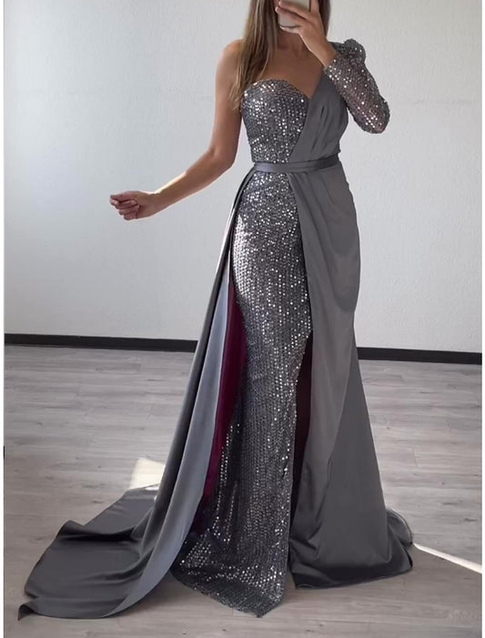 Sheath / Column Evening Gown Party Dress Formal Sweep / Brush Train Long Sleeve One Shoulder Sequined with Glitter Slit