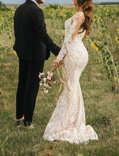 Engagement Formal Boho Wedding Dresses Mermaid / Trumpet Illusion Neck Long Sleeve Sweep / Brush Train Lace Bridal Gowns With Appliques