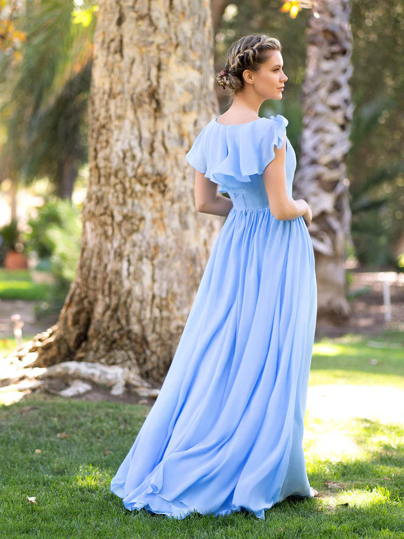 Bridesmaid Dress V-neck Asymmetric Top Chiffon Floor Length Dress