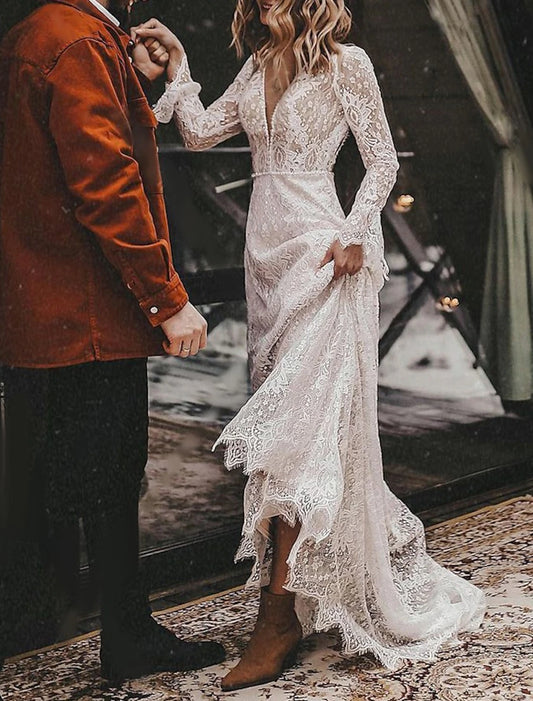 A-Line Fall Wedding Dresses Ankle Length Vintage Little White Dresses Long Sleeve V Neck Chiffon Outdoor Bridal Gowns With Solid Color