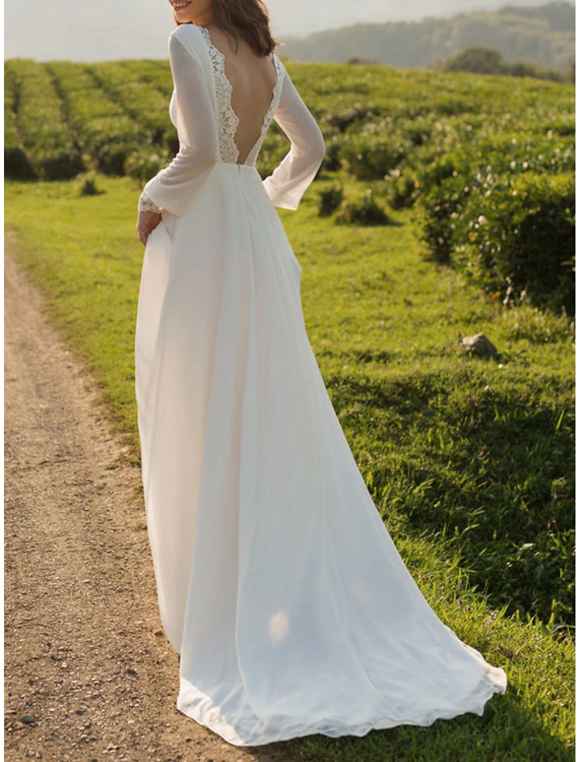 Beach Vintage Open Back Wedding Dresses A-Line Scoop Neck Long Sleeve Sweep / Brush Train Chiffon Bridal Gowns With Appliques