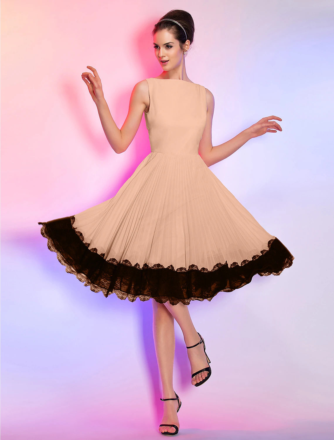 A-Line Vintage Dress Homecoming Graduation Knee Length Sleeveless Boat Neck Pink Dress Chiffon with Lace Insert