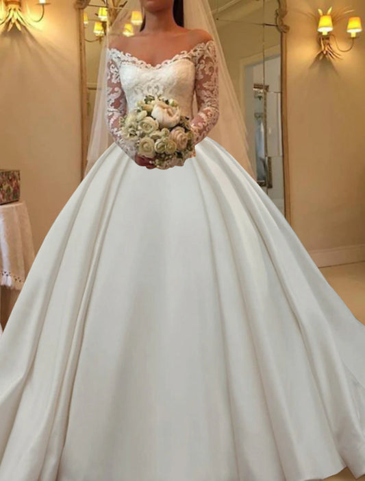 Engagement Formal Fall Wedding Dresses Ball Gown Off Shoulder Long Sleeve Chapel Train Satin Bridal Gowns With Appliques Solid Color