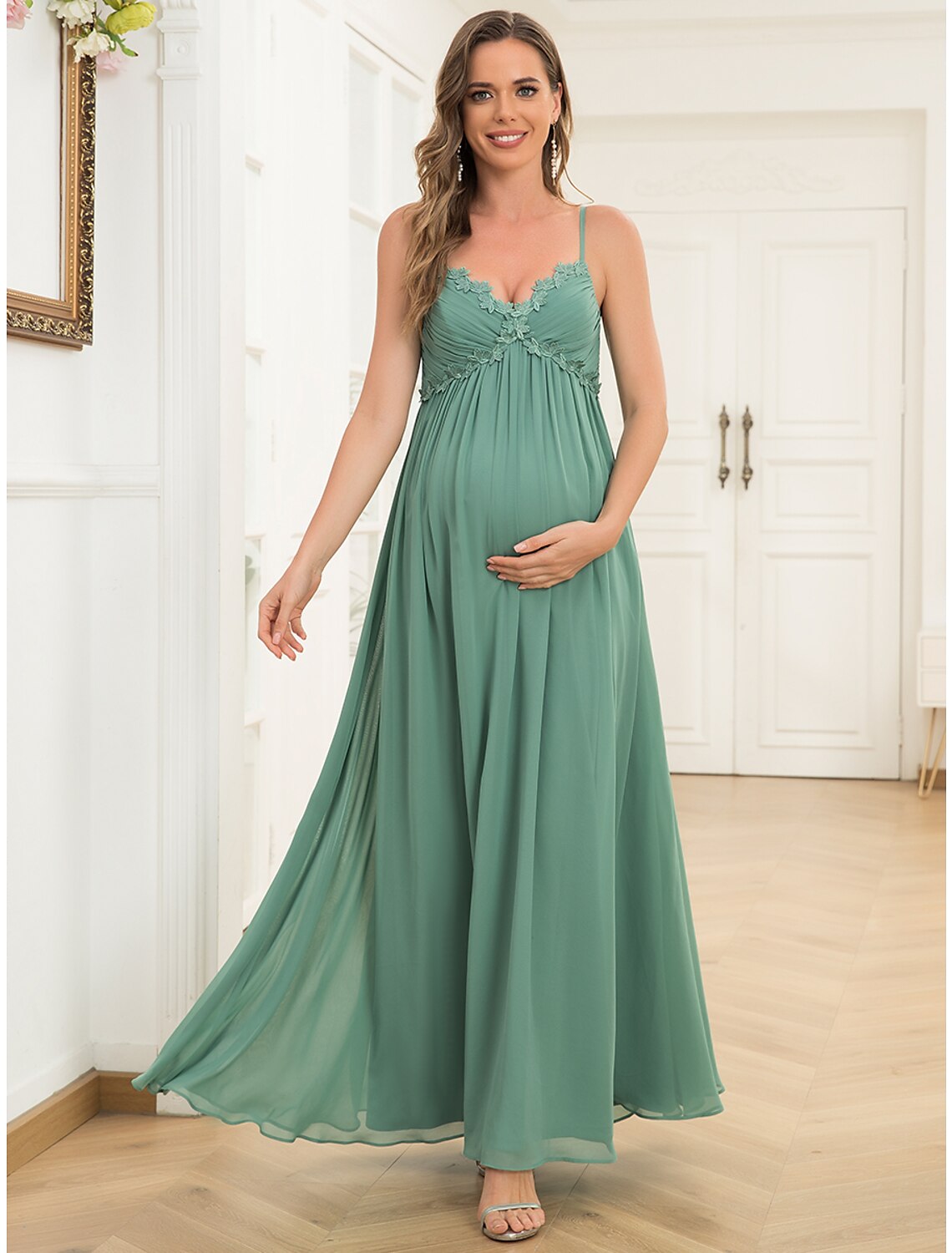 A-Line Evening Gown Maternity Dress Wedding Guest Wedding Party Floor Length Sleeveless V Neck Chiffon V Back with Draping