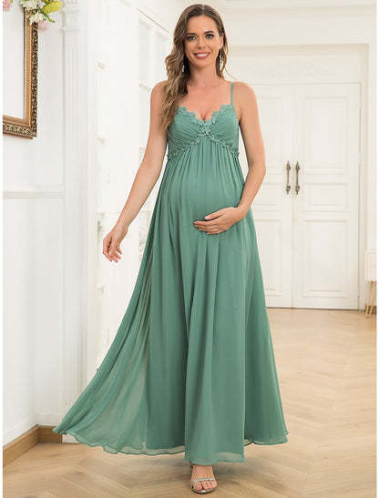 A-Line Evening Gown Maternity Dress Wedding Guest Wedding Party Floor Length Sleeveless V Neck Chiffon V Back with Draping