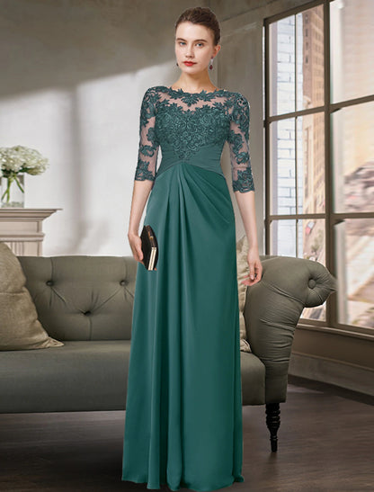 Sheath / Column Mother of the Bride Dress Simple Elegant Jewel Neck Floor Length Chiffon Lace Half Sleeve with Pleats Solid Color