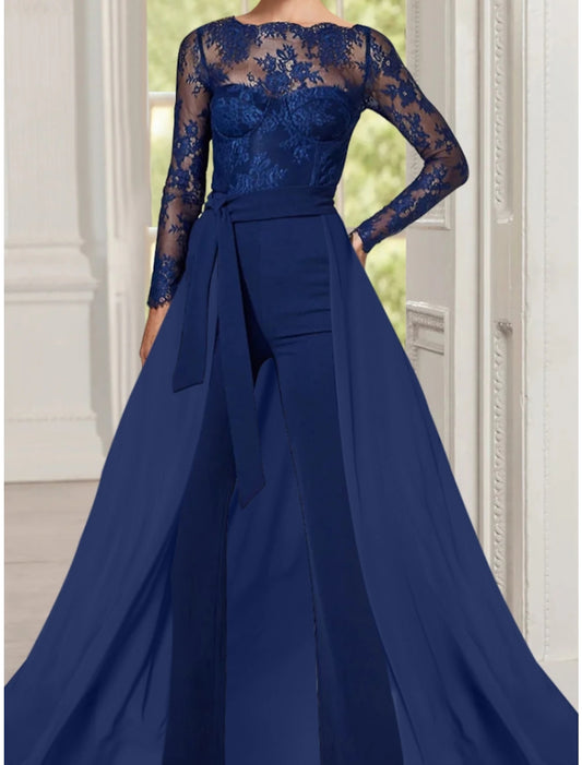 Jumpsuit / Pantsuit Mother of the Bride Dress Wedding Guest Elegant Jewel Neck Floor Length Stretch Chiffon Long Sleeve with Ruching Solid Color