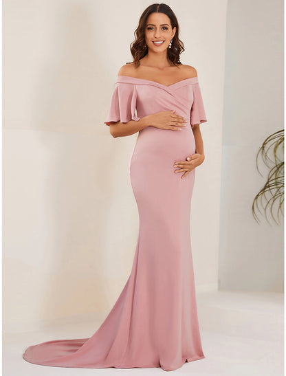 Mermaid / Trumpet Maternity Dresses Maternity Dress Formal Wedding Party Court Train Short Sleeve Off Shoulder Stretch Fabric with Ruched Pure Color