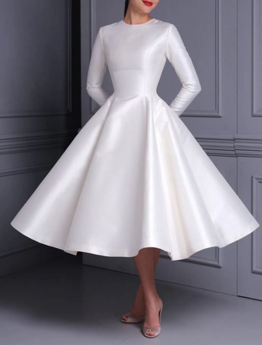 Bridal Shower Wedding Dresses Vintage 1940s / 1950s Little White Dresses A-Line Scoop Neck Long Sleeve Tea Length Satin Bridal Gowns With Solid Color Summer Fall Wedding Party