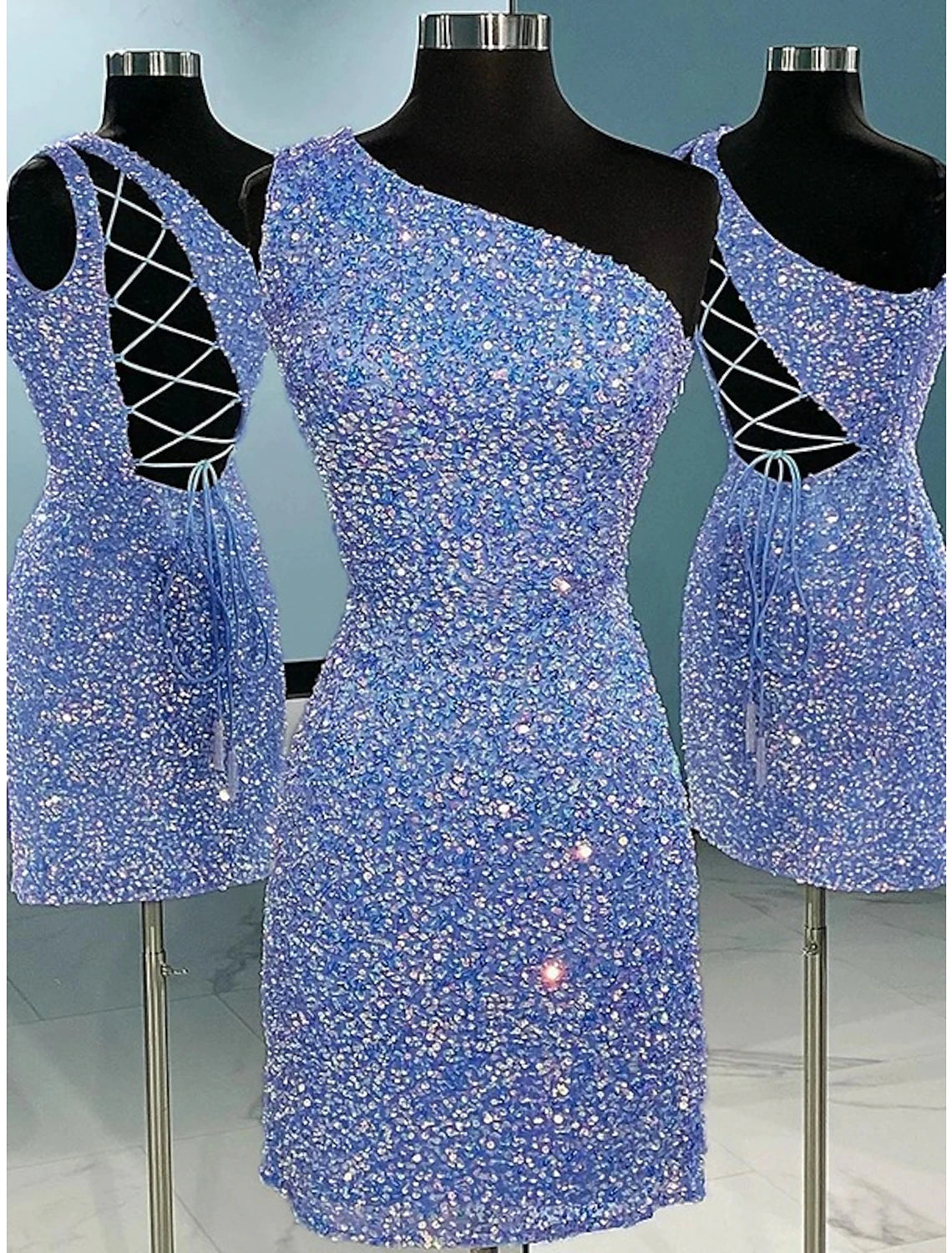 A-Line Sheath / Column Homecoming Dresses Sparkle & Shine Dress Holiday Graduation Short / Mini Sleeveless One Shoulder Sequined with Glitter Strappy