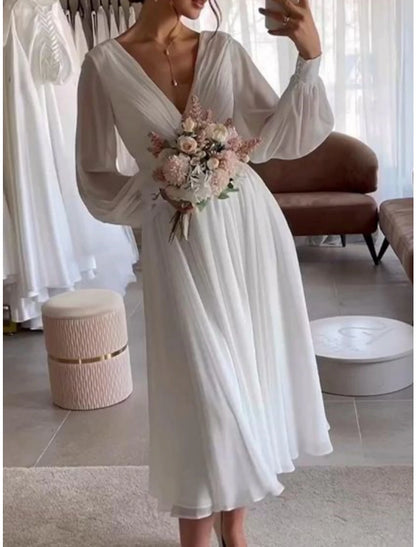 Little White Dresses Wedding Dresses A-Line V Neck Long Sleeve Tea Length Chiffon Bridal Gowns With Pleats Solid Color