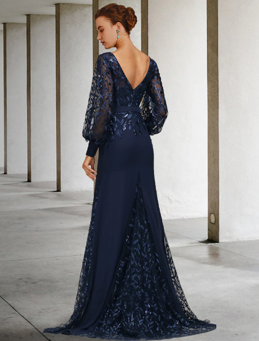 Wedding Guest Elegant Vintage Jewel Neck Train Chiffon Lace Long Sleeve with Sequin Ruffles Mother of the Bride Dress