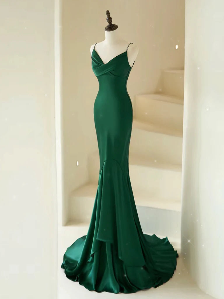 Mermaid Cultivate oneself V Neck Satin Green Long Prom Dress Long Irregular Elegant Party dress