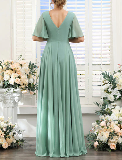 A-Line Bridesmaid Dress V Neck Short Sleeve Elegant Floor Length Chiffon with Split Front