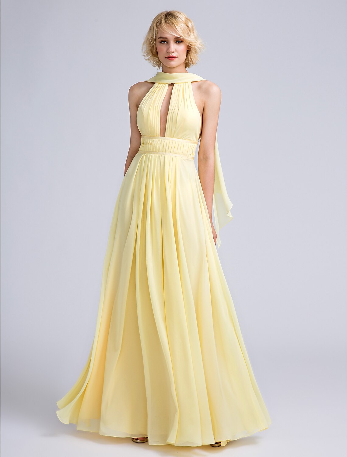 A-Line Bridesmaid Dress Jewel Neck Sleeveless Elegant Floor Length Chiffon with Beading / Draping