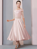 A-Line Mother of the Bride Dress Formal Wedding Guest Elegant Square Neck Tea Length Satin Lace Half Sleeve with Pearls