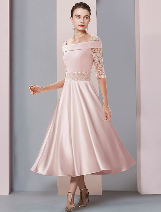 A-Line Mother of the Bride Dress Formal Wedding Guest Elegant Square Neck Tea Length Satin Lace Half Sleeve with Pearls